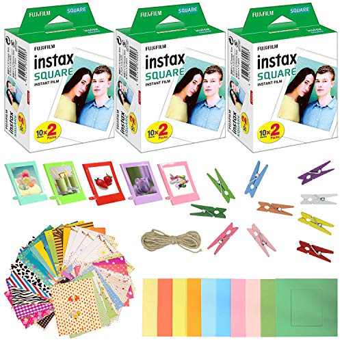 Fujifilm Instax Square Instant Film (3 Pack, 60 Sheets) 5 Plastic Desk Frames + 10 Paper Frames Plus 60 Border Frames