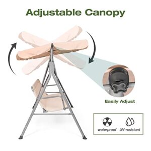 Koreyosh 3-Person Outdoor Swing Chair Adjustable Canopy Hammock Seats Patio Porch Garden Swing, Beige