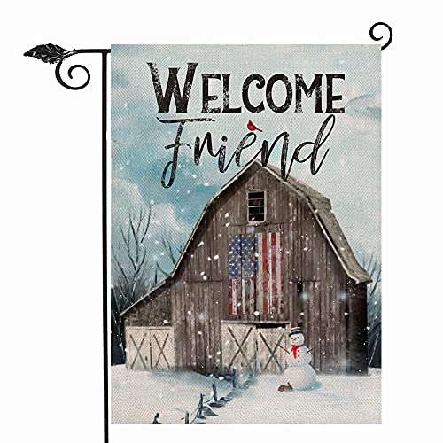 Hzppyz Welcome Friend Winter USA Country Barn Farm Garden Flag Double Sided, Snowman Cardinal Decorative House Yard Outdoor Small Patriotic Decor, Christmas Farmhouse Home Outside Decoration 12 x 18