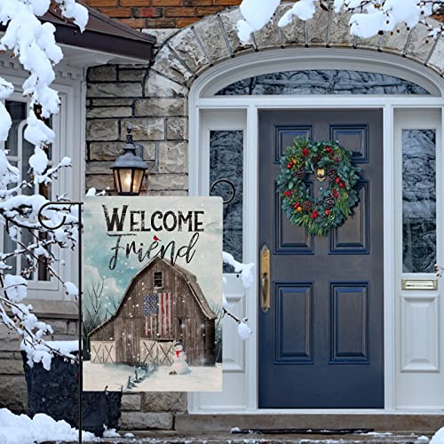 Hzppyz Welcome Friend Winter USA Country Barn Farm Garden Flag Double Sided, Snowman Cardinal Decorative House Yard Outdoor Small Patriotic Decor, Christmas Farmhouse Home Outside Decoration 12 x 18