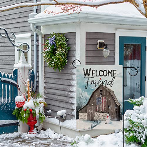 Hzppyz Welcome Friend Winter USA Country Barn Farm Garden Flag Double Sided, Snowman Cardinal Decorative House Yard Outdoor Small Patriotic Decor, Christmas Farmhouse Home Outside Decoration 12 x 18