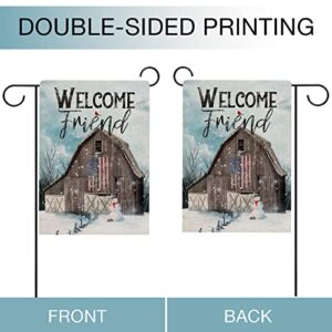 Hzppyz Welcome Friend Winter USA Country Barn Farm Garden Flag Double Sided, Snowman Cardinal Decorative House Yard Outdoor Small Patriotic Decor, Christmas Farmhouse Home Outside Decoration 12 x 18