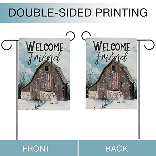 Hzppyz Welcome Friend Winter USA Country Barn Farm Garden Flag Double Sided, Snowman Cardinal Decorative House Yard Outdoor Small Patriotic Decor, Christmas Farmhouse Home Outside Decoration 12 x 18