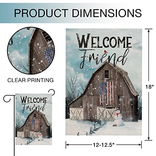 Hzppyz Welcome Friend Winter USA Country Barn Farm Garden Flag Double Sided, Snowman Cardinal Decorative House Yard Outdoor Small Patriotic Decor, Christmas Farmhouse Home Outside Decoration 12 x 18