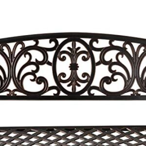 Patio Sense 63284 Decatur Cast Aluminum Patio Bench Heavy Duty Rust Free Metal Construction Front Porch Backyard Lawn Garden Pool Deck Outdoors Fleur-De-Lis Design - Antique Bronze Finish