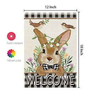 CROWNED BEAUTY Easter Bunny Garden Flag Floral 12x18 Inch Double Sided for Outside Burlap Small Buffalo Plaid Birds Welcome Yard Holiday Flag CF717-12