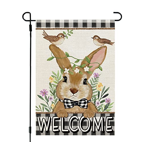 CROWNED BEAUTY Easter Bunny Garden Flag Floral 12x18 Inch Double Sided for Outside Burlap Small Buffalo Plaid Birds Welcome Yard Holiday Flag CF717-12