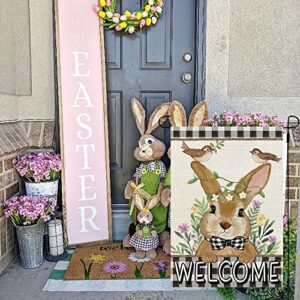 CROWNED BEAUTY Easter Bunny Garden Flag Floral 12x18 Inch Double Sided for Outside Burlap Small Buffalo Plaid Birds Welcome Yard Holiday Flag CF717-12