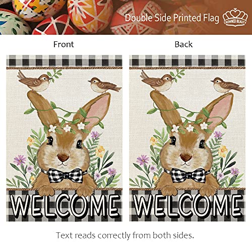 CROWNED BEAUTY Easter Bunny Garden Flag Floral 12x18 Inch Double Sided for Outside Burlap Small Buffalo Plaid Birds Welcome Yard Holiday Flag CF717-12