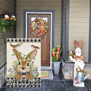 CROWNED BEAUTY Easter Bunny Garden Flag Floral 12x18 Inch Double Sided for Outside Burlap Small Buffalo Plaid Birds Welcome Yard Holiday Flag CF717-12