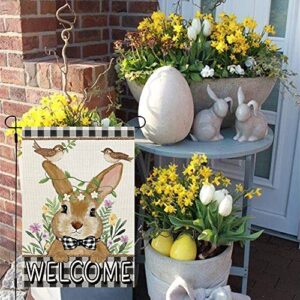 CROWNED BEAUTY Easter Bunny Garden Flag Floral 12x18 Inch Double Sided for Outside Burlap Small Buffalo Plaid Birds Welcome Yard Holiday Flag CF717-12