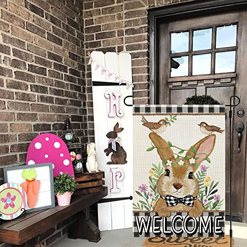 CROWNED BEAUTY Easter Bunny Garden Flag Floral 12x18 Inch Double Sided for Outside Burlap Small Buffalo Plaid Birds Welcome Yard Holiday Flag CF717-12