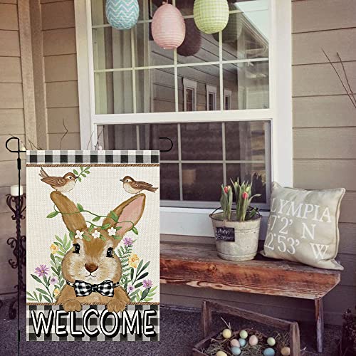 CROWNED BEAUTY Easter Bunny Garden Flag Floral 12x18 Inch Double Sided for Outside Burlap Small Buffalo Plaid Birds Welcome Yard Holiday Flag CF717-12