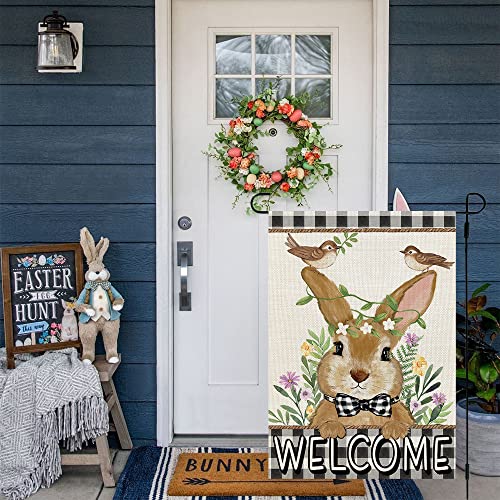 CROWNED BEAUTY Easter Bunny Garden Flag Floral 12x18 Inch Double Sided for Outside Burlap Small Buffalo Plaid Birds Welcome Yard Holiday Flag CF717-12