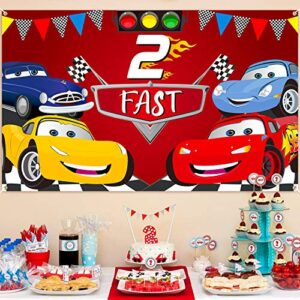 PANTIDE Race Car 2nd Birthday Party Backdrop Decoration, Two Fast Photography Background Banner, Large Poster Party Photo Props Wall Décor, Let’s Go Racing Party Supplies for Baby Boys Two Years Old