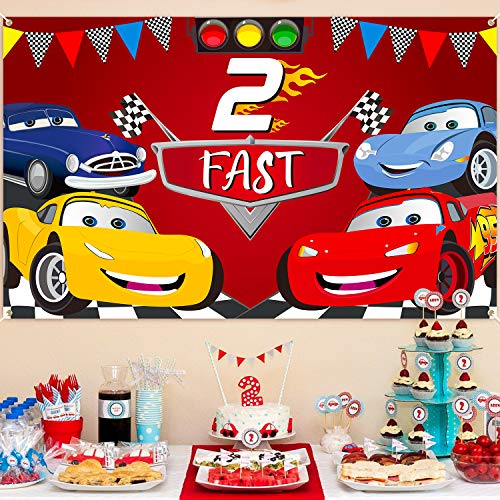 PANTIDE Race Car 2nd Birthday Party Backdrop Decoration, Two Fast Photography Background Banner, Large Poster Party Photo Props Wall Décor, Let’s Go Racing Party Supplies for Baby Boys Two Years Old