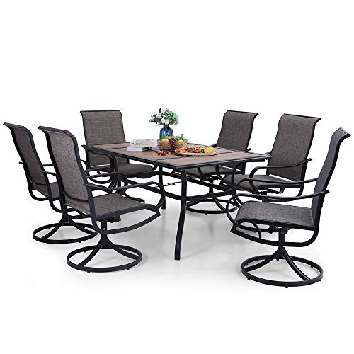 PHI VILLA 7 Piece Patio Dining Set, 6 Swivel Patio Chair with Metal Frame and Textilene Fabric, 1 60" x 38" Large Rectangular Dining Table(1.57" Umbrella Hole), All Weather Clearance for Lawn Garden