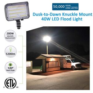 SZGMJIA 40W LED Flood Light, Outdoor Security Floodlights Fixture with Knuckle Mount & Base, Dusk-to-Dawn Photocell Daylight 5,200lm(200W Equivalent) IP65 Waterproof for Entrance Garden Yards(2Pack)