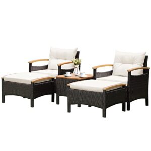 tangkula 5 piece patio furniture set, patiojoy outdoor conversation set w/seat & back cushions, coffee table & 2 ottomans, acacia wood tabletop & armrests, wicker sofa set for backyard, poolside