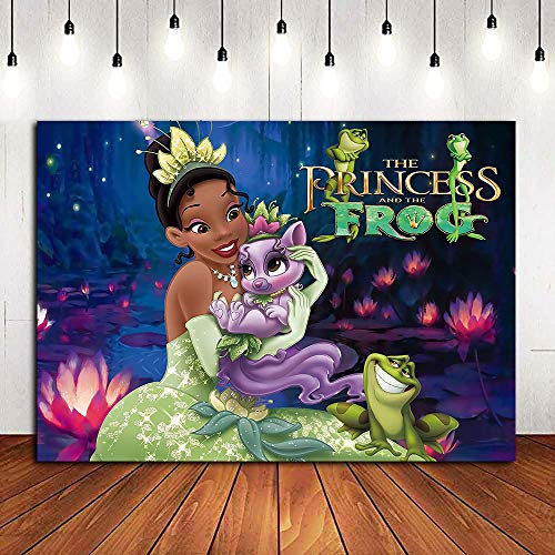 Night Fairy Tale Lotus Flower Photography Backdrop Vinyl 7x5ft Princess Frog Photo Background for Baby Girls Birthday Party Banner Decorations Children Baby Shower Supplies Cake Table