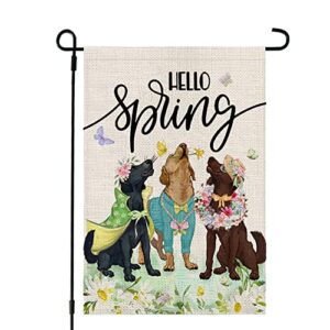 CROWNED BEAUTY Hello Spring Dogs Garden Flag Floral 12x18 Inch Double Sided for Outside Burlap Small Yard Flag CF748-12