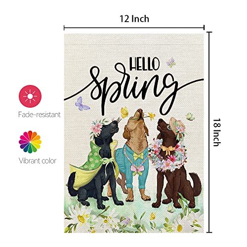 CROWNED BEAUTY Hello Spring Dogs Garden Flag Floral 12x18 Inch Double Sided for Outside Burlap Small Yard Flag CF748-12