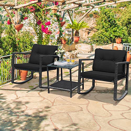 RELAX4LIFE Outdoor Rocking Chair Set, 3-Piece PE Rattan Bistro Set Patio Wicker Conversation Set w/Cushions Table & Storage Shelf, Outdoor Furniture for Garden, Backyard and Poolside (Black)