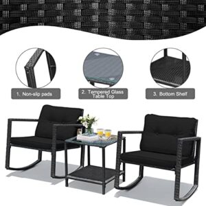 RELAX4LIFE Outdoor Rocking Chair Set, 3-Piece PE Rattan Bistro Set Patio Wicker Conversation Set w/Cushions Table & Storage Shelf, Outdoor Furniture for Garden, Backyard and Poolside (Black)