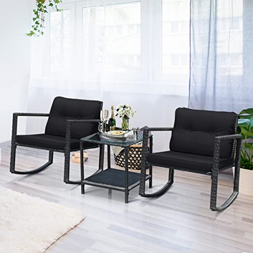 RELAX4LIFE Outdoor Rocking Chair Set, 3-Piece PE Rattan Bistro Set Patio Wicker Conversation Set w/Cushions Table & Storage Shelf, Outdoor Furniture for Garden, Backyard and Poolside (Black)