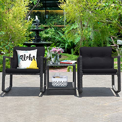 RELAX4LIFE Outdoor Rocking Chair Set, 3-Piece PE Rattan Bistro Set Patio Wicker Conversation Set w/Cushions Table & Storage Shelf, Outdoor Furniture for Garden, Backyard and Poolside (Black)