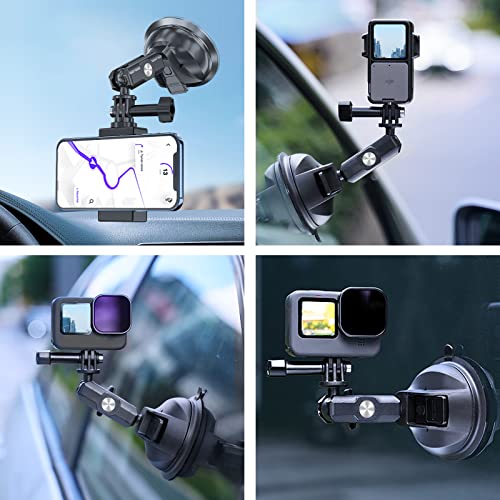 TELESIN Suction Cup Car Mount with Phone Holder, Windshield Window Dashboard Boats Vehicle Attach for GoPro Max Mini Hero 11 10 9 8 7 6 5 Insta360 DJI Action Accessories