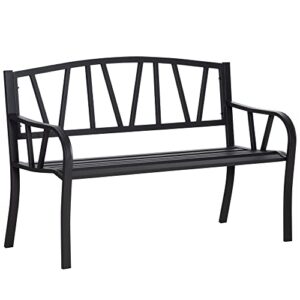 outsunny 2-seater outdoor garden patio bench with a solid metal build, decorative backrest, & ergonomic comfort armrests