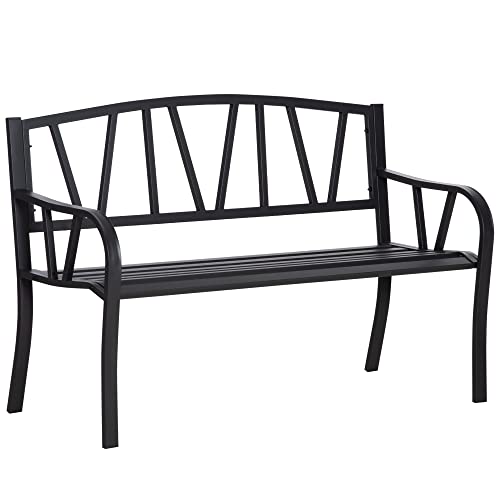 Outsunny 2-Seater Outdoor Garden Patio Bench with a Solid Metal Build, Decorative Backrest, & Ergonomic Comfort Armrests