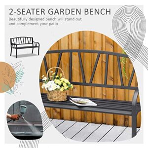 Outsunny 2-Seater Outdoor Garden Patio Bench with a Solid Metal Build, Decorative Backrest, & Ergonomic Comfort Armrests