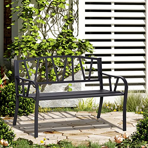 Outsunny 2-Seater Outdoor Garden Patio Bench with a Solid Metal Build, Decorative Backrest, & Ergonomic Comfort Armrests