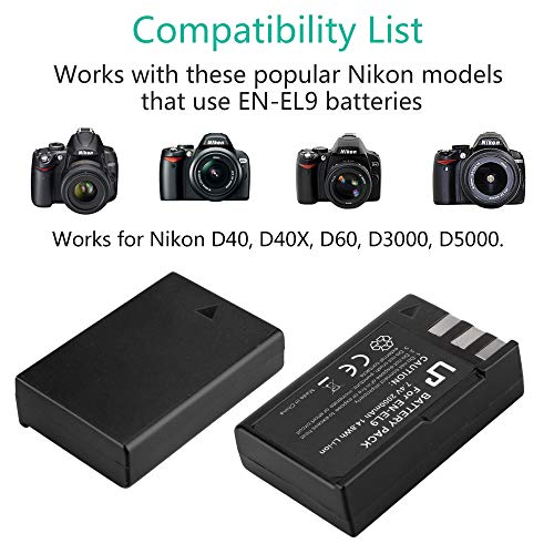 EN-EL9 EN EL9a Battery Pack, LP 2-Pack Rechargeable Li-Ion Battery Set, Replacement Battery Compatible with Nikon D40, D40X, D60, D3000, D5000 Cameras