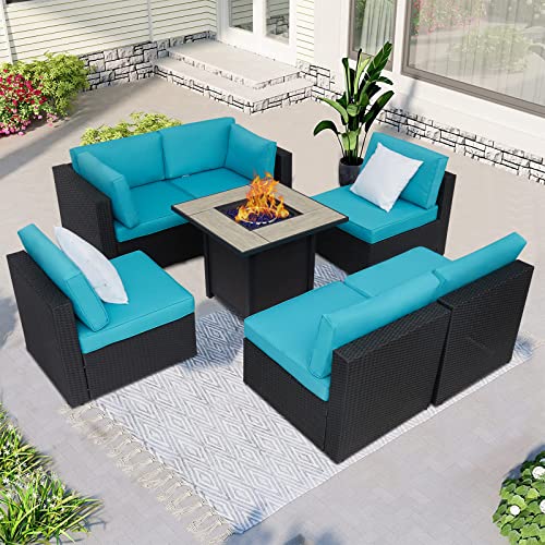 KINTNESS 8-Piece Patio Furniture Sectional Sofa Set w/ 50000 BTU Fire Pit Table, Wicker Rattan Outdoor Conversation Sets CSA Approved Propane Fire Pit (Blue)