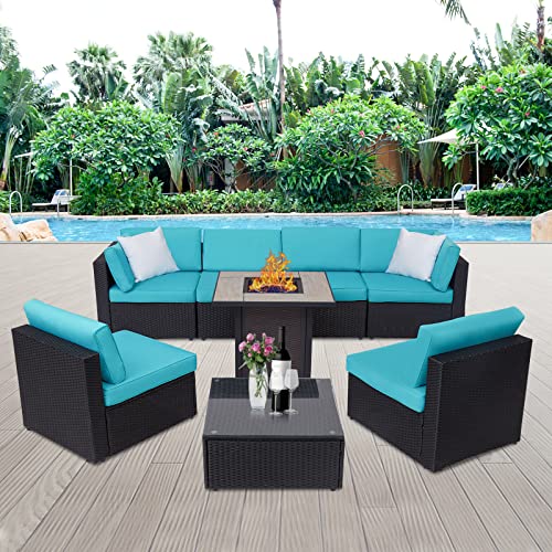 KINTNESS 8-Piece Patio Furniture Sectional Sofa Set w/ 50000 BTU Fire Pit Table, Wicker Rattan Outdoor Conversation Sets CSA Approved Propane Fire Pit (Blue)