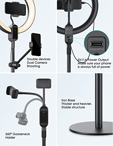 viozon Overhead Live Stand with 12" LED Ring Light, Outer 24W 6500K, Two Cellphone Holders Compatible with 3.5-6.7" Cellphones, Adjustable Height&Angle, Aluminum Alloy, for Live Stream/YouTube/TikTok