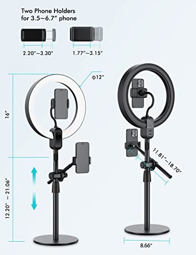 viozon Overhead Live Stand with 12" LED Ring Light, Outer 24W 6500K, Two Cellphone Holders Compatible with 3.5-6.7" Cellphones, Adjustable Height&Angle, Aluminum Alloy, for Live Stream/YouTube/TikTok