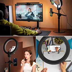 viozon Overhead Live Stand with 12" LED Ring Light, Outer 24W 6500K, Two Cellphone Holders Compatible with 3.5-6.7" Cellphones, Adjustable Height&Angle, Aluminum Alloy, for Live Stream/YouTube/TikTok