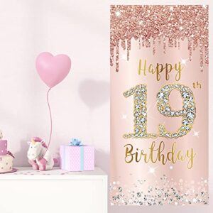 Happy 19th Birthday Door Banner Decorations for Girls, Pink Rose Gold 19 Birthday Door Cover Backdrop Sign Party Supplies, Nineteen Year Old Birthday Poster Background Decor