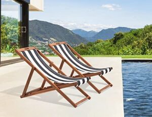 beach chair lounge chair 2 set outdoor wooden patio beach sling chair adjustable portable folding chairs for outside with polyester canvas lounging chair for garden, backyard, poolside, balcony(wb)