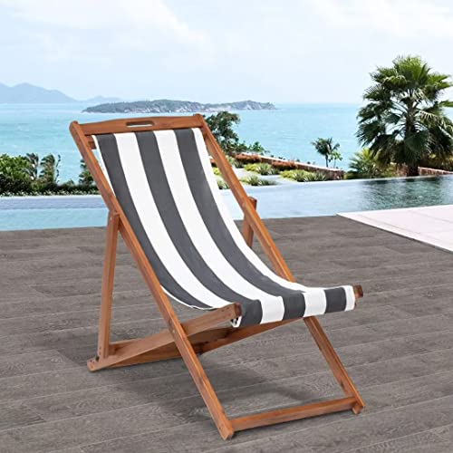 Beach Chair Lounge Chair 2 Set Outdoor Wooden Patio Beach Sling Chair Adjustable Portable Folding Chairs for Outside with Polyester Canvas Lounging Chair for Garden, Backyard, Poolside, Balcony(WB)