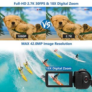 SEREE TECH 2.7K Video Camera Camcorder 30FPS 42MP 18X Digital Camera for YouTube 3.0inch Flip Screen Camcorder Vlogging Camera with Remote Control and 2 Batteries