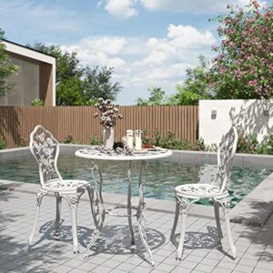 belleze 3 piece bistro set, aluminum bistro table set outdoor bistro set, weather-resistant garden table and chairs wrought iron patio furniture for balcony backyard, rose design – white