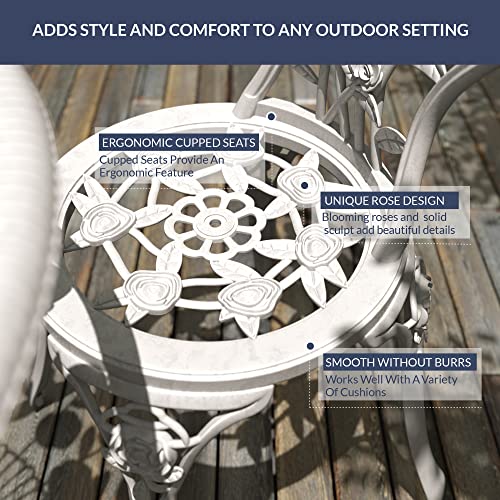 BELLEZE 3 Piece Bistro Set, Aluminum Bistro Table Set Outdoor Bistro Set, Weather-Resistant Garden Table and Chairs Wrought Iron Patio Furniture for Balcony Backyard, Rose Design - White