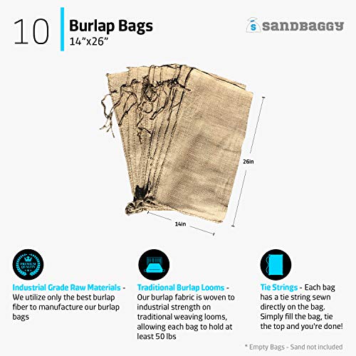 Sandbaggy Burlap Sand Bags - Size: 14" x 26" - 50 lb Weight Capacity - For Flooding, Flood Water Barrier, Tent Sandbags, Store Bags - Sandbags-Sand Not Included - Sand Bags for Flooding(10 Bags)