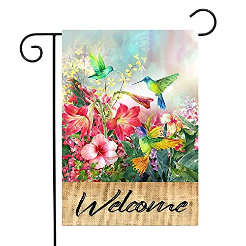 Hummingbird Garden Flag Spring Hibiscus Flower Summer Garden Flags 12x18 Double Sided Welcome Flag Home Outdoor Patio Yard Lawn Decor