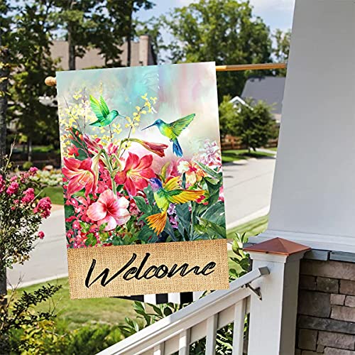 Hummingbird Garden Flag Spring Hibiscus Flower Summer Garden Flags 12x18 Double Sided Welcome Flag Home Outdoor Patio Yard Lawn Decor